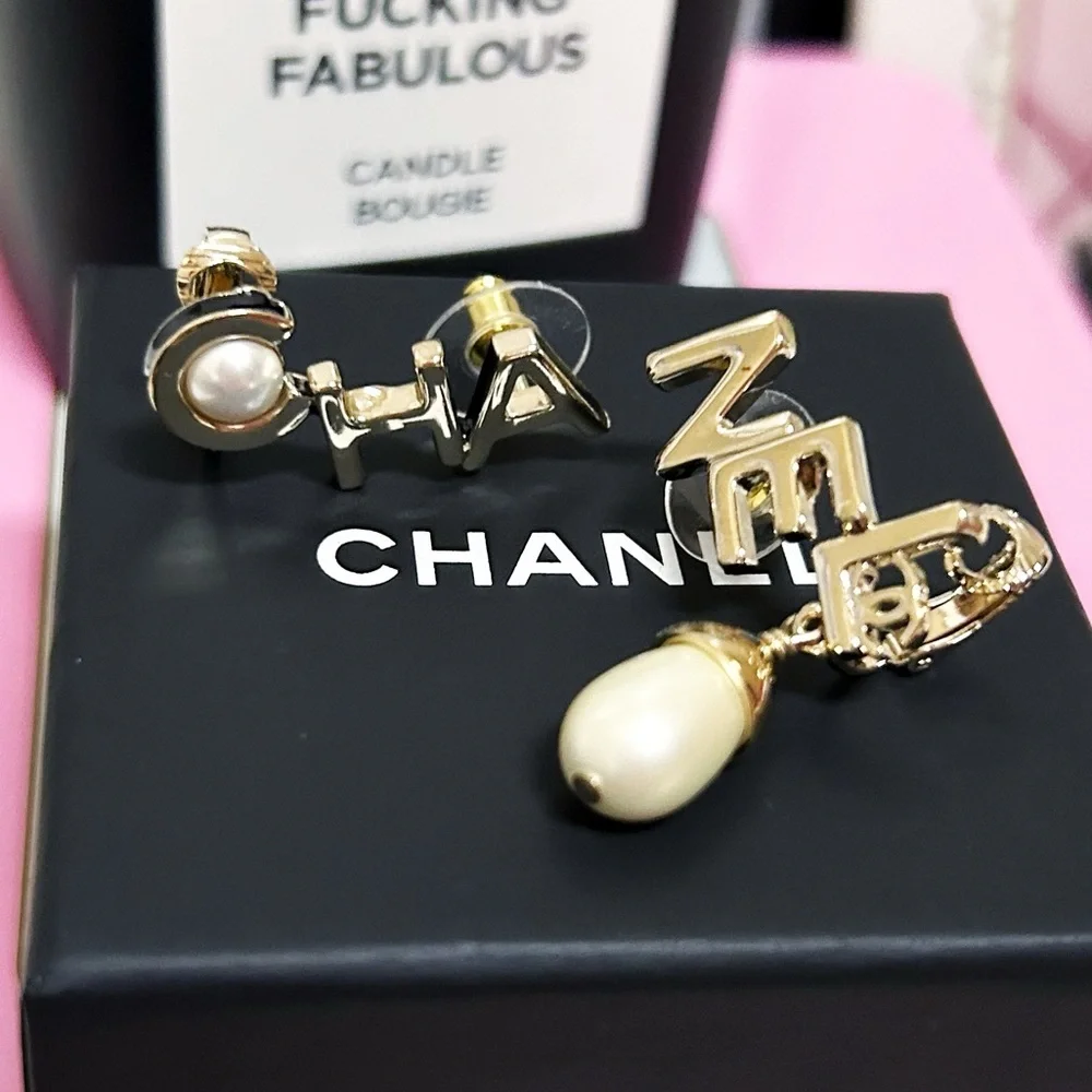 Authentic Chanel Limited Edition Pearl Split Logo CC Cuff / Climber Earrings
